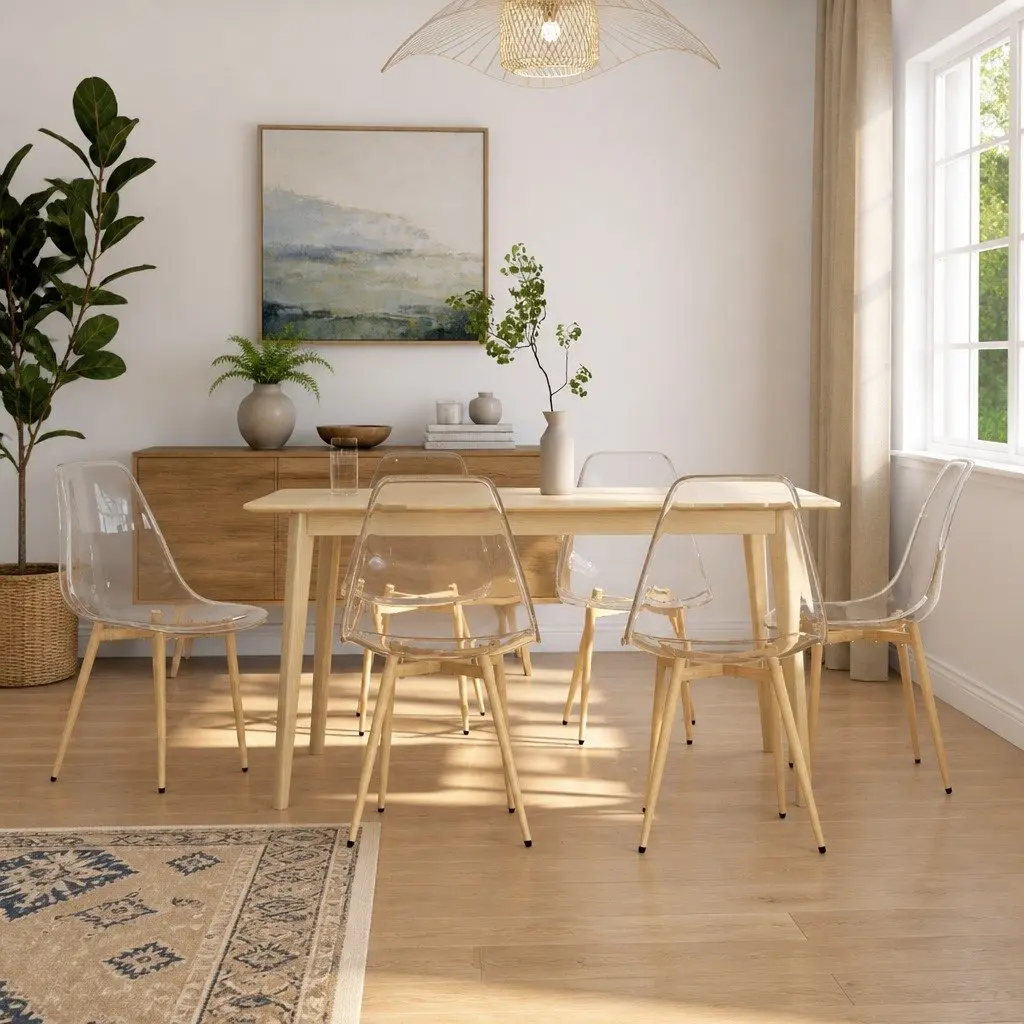 Dining Chairs Transparent Seat Ergonomic Curved Backrest 6 Piece Metal Legs
