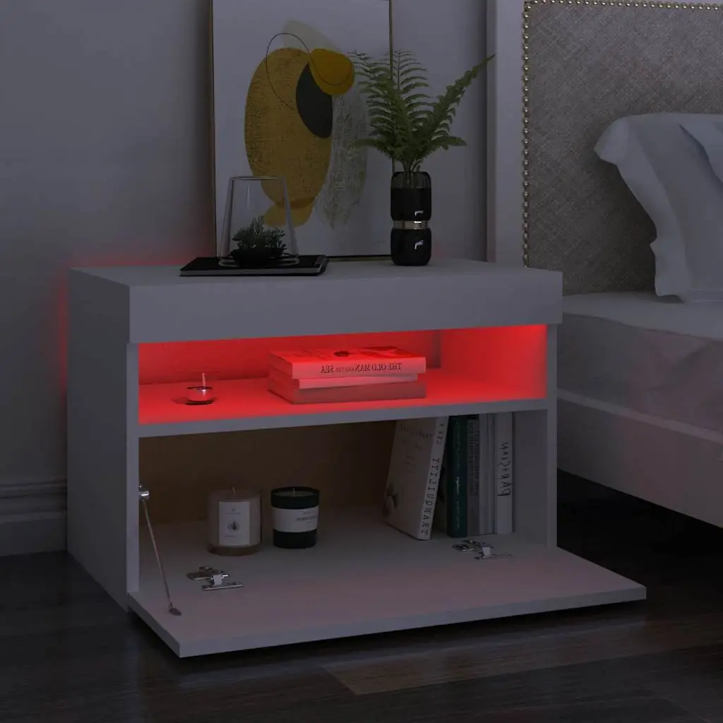 White Bedside Cabinet with RGB LED Lights Storage Nightstand 60 x 35 x 40 cm Engineered Wood