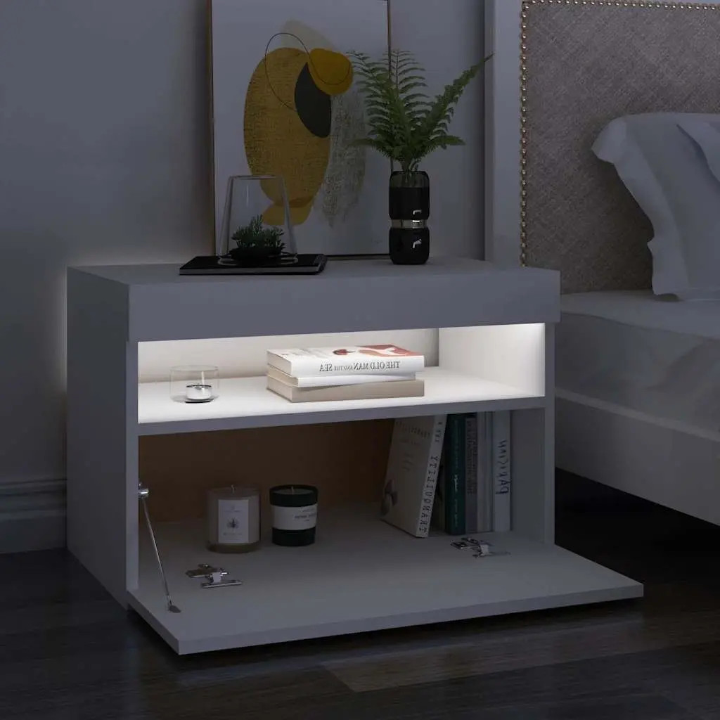 White Bedside Cabinet with RGB LED Lights Storage Nightstand 60 x 35 x 40 cm Engineered Wood