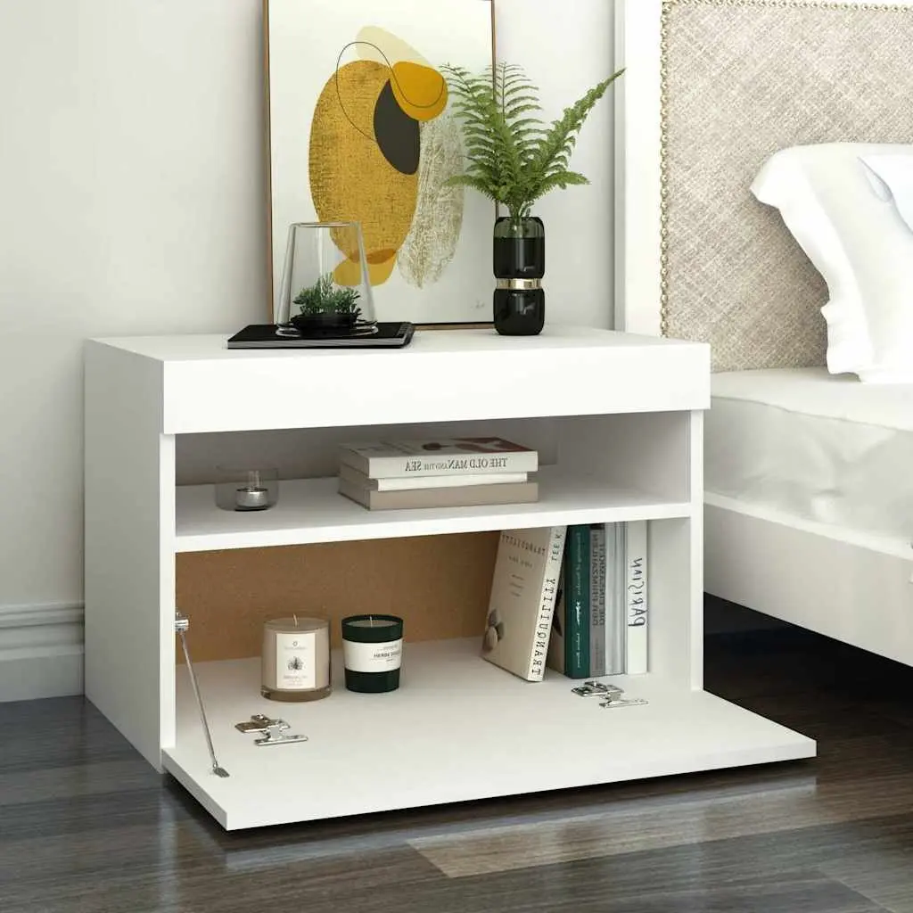 White Bedside Cabinet with RGB LED Lights Storage Nightstand 60 x 35 x 40 cm Engineered Wood