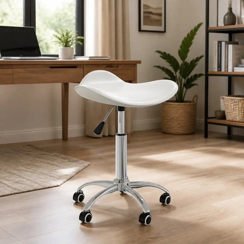 Height Adjustable Office Chair Swivel Seat White Faux Leather Wheels