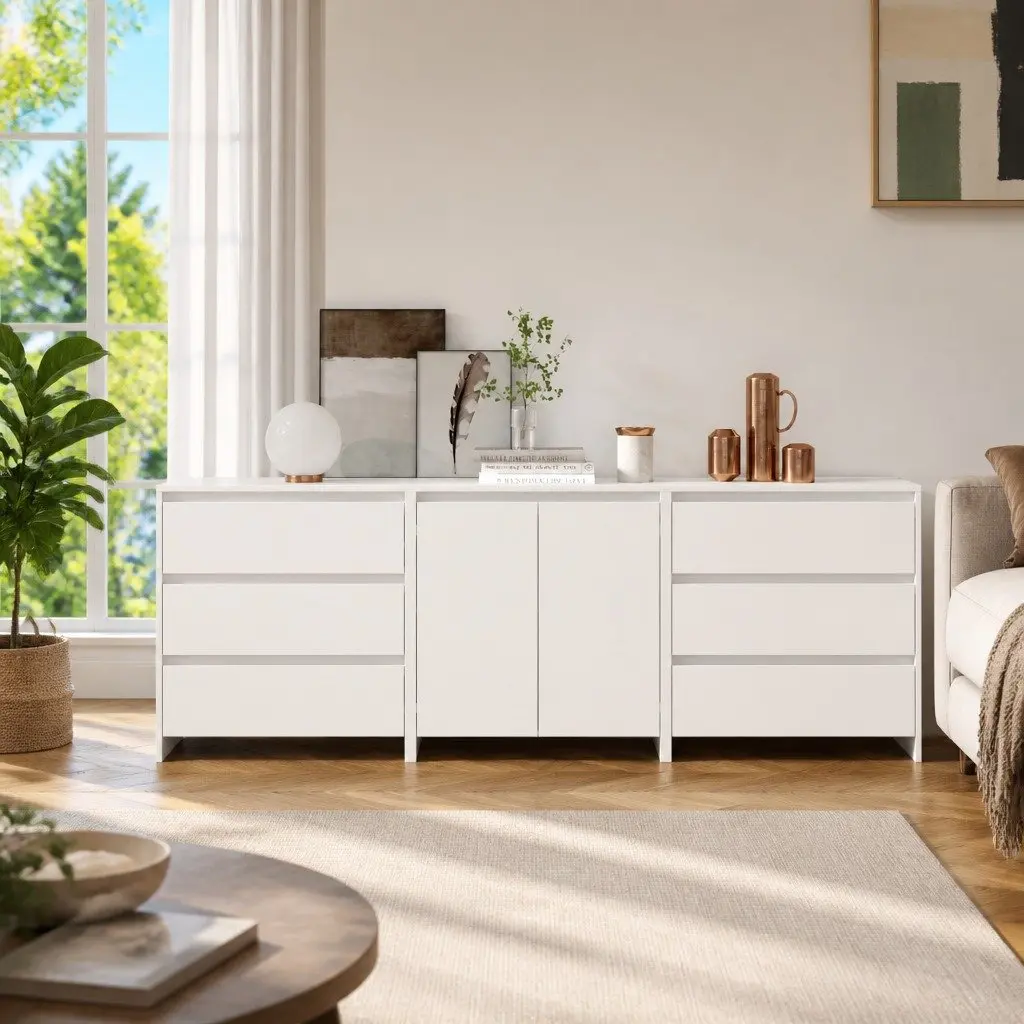 Sideboard Storage Cabinet White 3 Piece Engineered Wood Decorative Display Unit