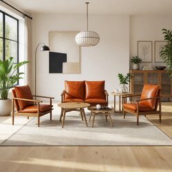 Brown Goat Leather 3 Piece Sofa Set with Acacia Frame
