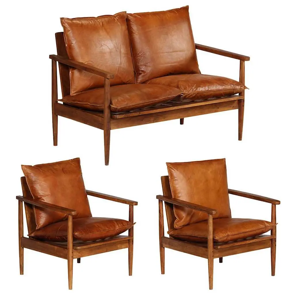3 Piece Sofa Set Brown Goat Leather Solid Acacia Wood Frame Living Room
