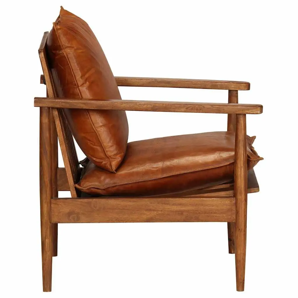 3 Piece Sofa Set Brown Goat Leather Solid Acacia Wood Frame Living Room