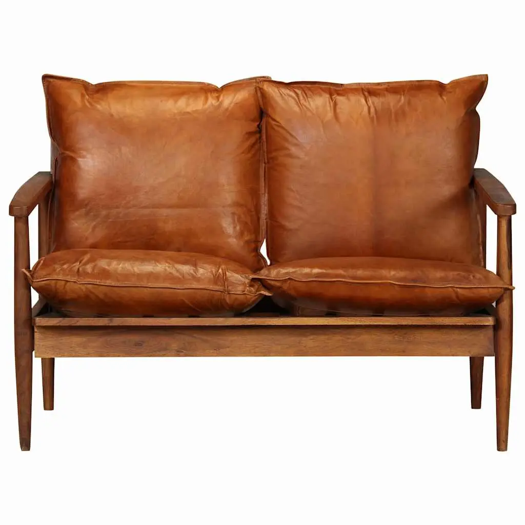 3 Piece Sofa Set Brown Goat Leather Solid Acacia Wood Frame Living Room