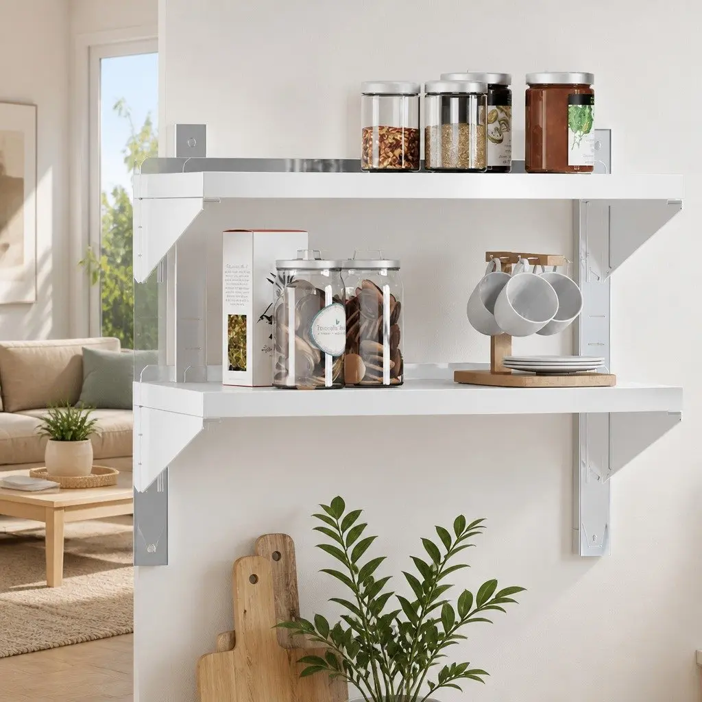 2-Tier Wall Shelf Silver Stainless Steel Floating Storage Rack Home Kitchen