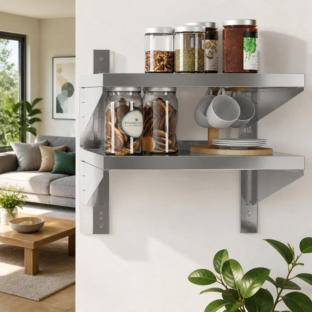 2-Tier Wall Shelf in Silver Stainless Steel for Storage