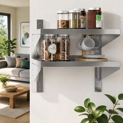 2-Tier Wall Shelf in Silver Stainless Steel for Storage
