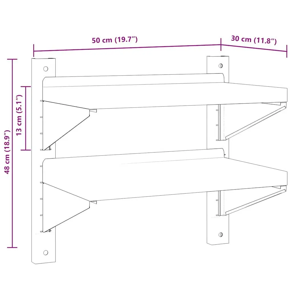 2-Tier Wall Shelf in Silver Stainless Steel for Storage
