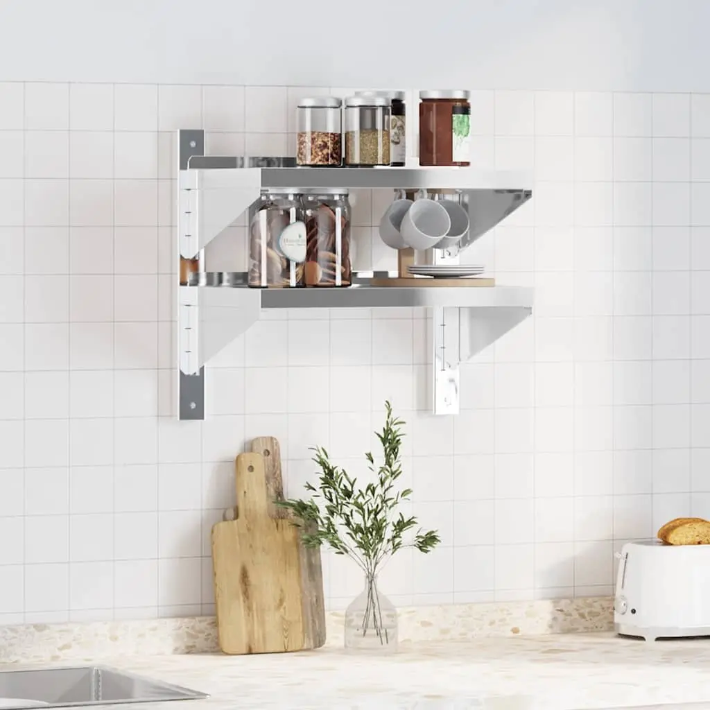 2-Tier Wall Shelf in Silver Stainless Steel for Storage