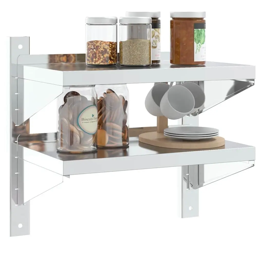 2-Tier Wall Shelf in Silver Stainless Steel for Storage