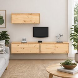 3-Piece Brown Solid Pine Wood Floating TV Cabinets