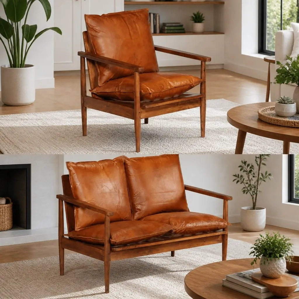 Brown Real Leather Sofa Set 2 Piece Solid Acacia Wood Handmade Vintage Style