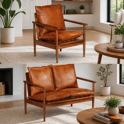 Brown Real Leather 2 Piece Sofa Set with Acacia Wood Frame