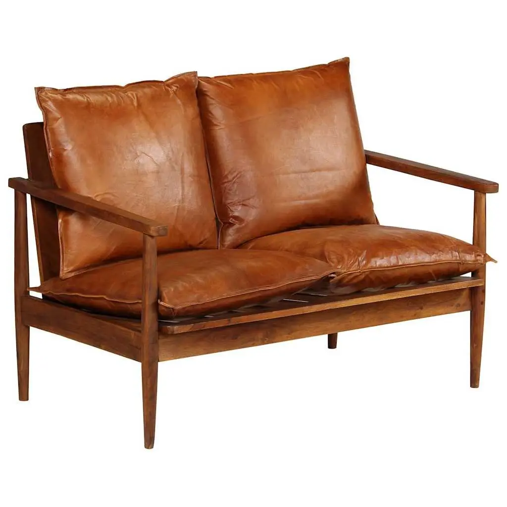 Brown Real Leather Sofa Set 2 Piece Solid Acacia Wood Handmade Vintage Style