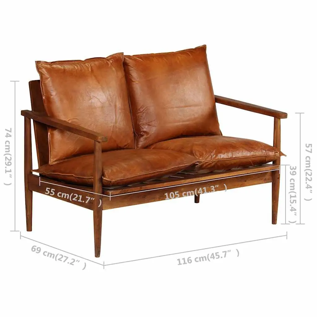 Brown Real Leather Sofa Set 2 Piece Solid Acacia Wood Handmade Vintage Style