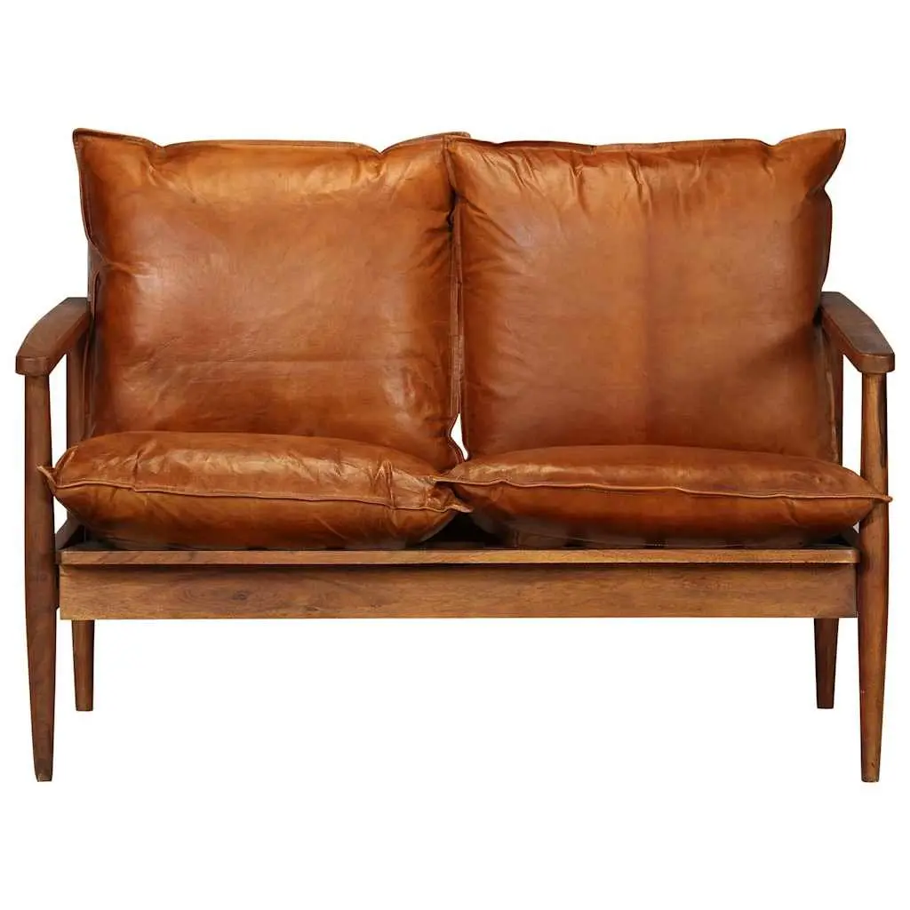Brown Real Leather Sofa Set 2 Piece Solid Acacia Wood Handmade Vintage Style