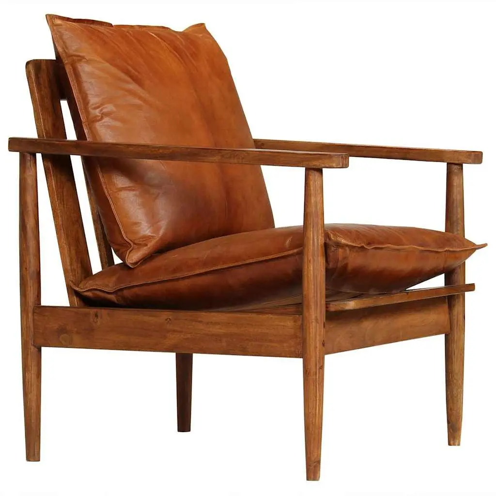 Brown Real Leather Sofa Set 2 Piece Solid Acacia Wood Handmade Vintage Style