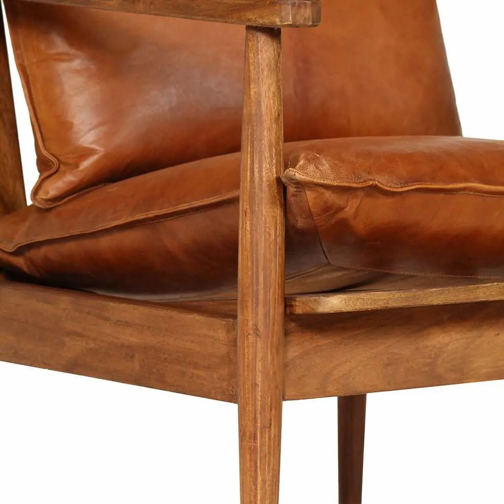 Brown Real Leather Sofa Set 2 Piece Solid Acacia Wood Handmade Vintage Style