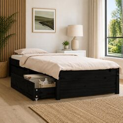 Charming Black Wooden Bed Frame with Storage Drawers