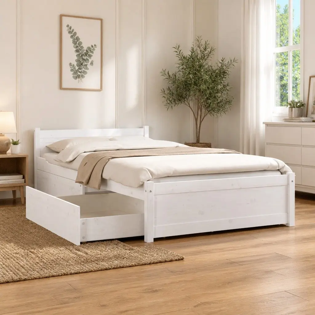 Wooden Bed Frame with Storage Drawers White 90x190cm Single