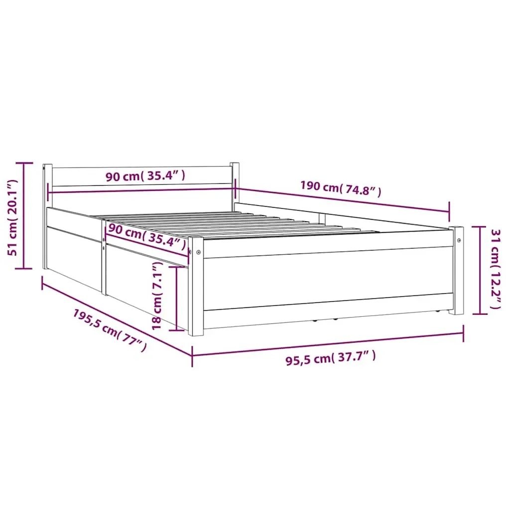 Black Wooden Bed Frame with Storage Drawers Single 90x190 cm Bedroom Furniture