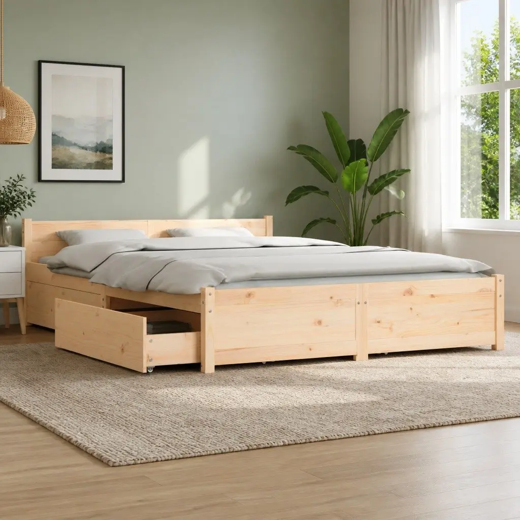 Wooden Bed Frame Brown 135x190cm Solid Pine with Storage Drawers