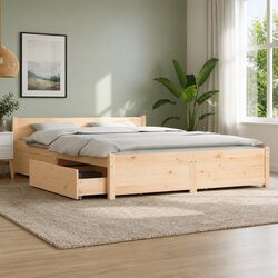 Brown Wooden Bed Frame with Storage Drawers 135x190cm