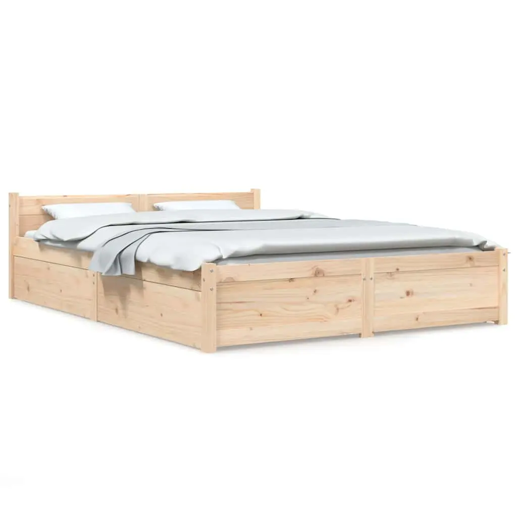 Wooden Bed Frame Brown 135x190cm Solid Pine with Storage Drawers