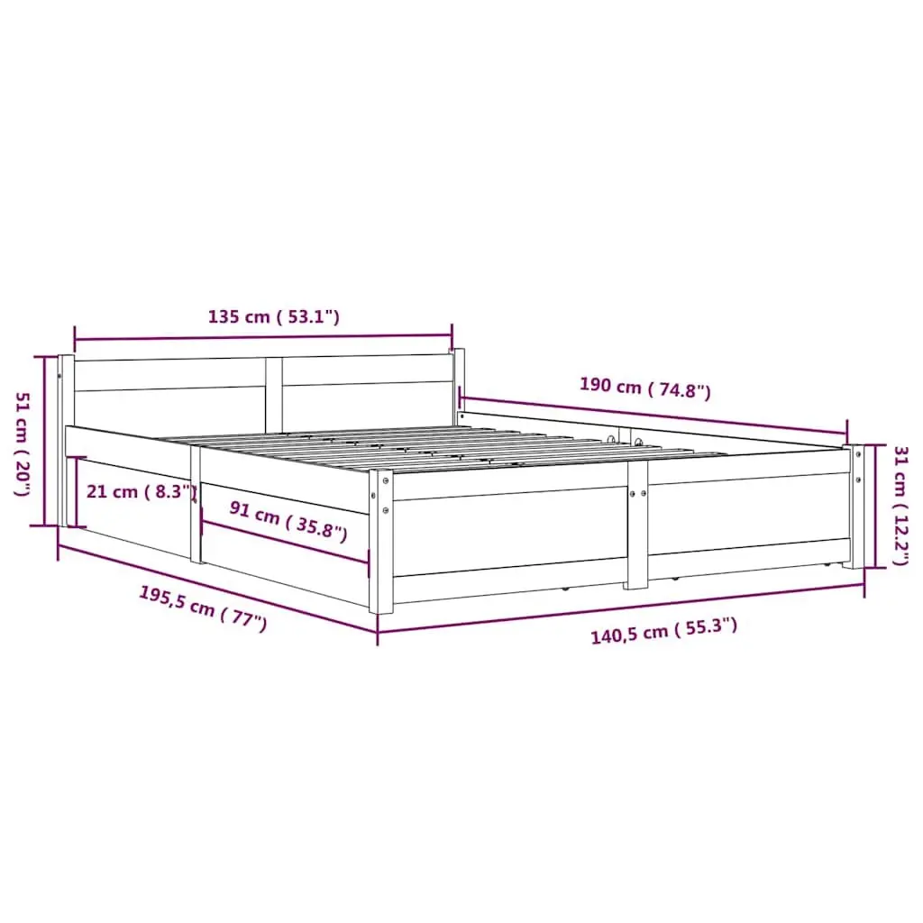 Wooden Bed Frame Brown 135x190cm Solid Pine with Storage Drawers