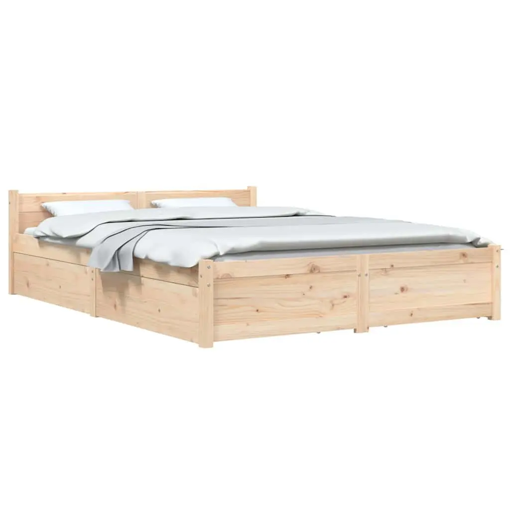 Wooden Bed Frame Brown 135x190cm Solid Pine with Storage Drawers