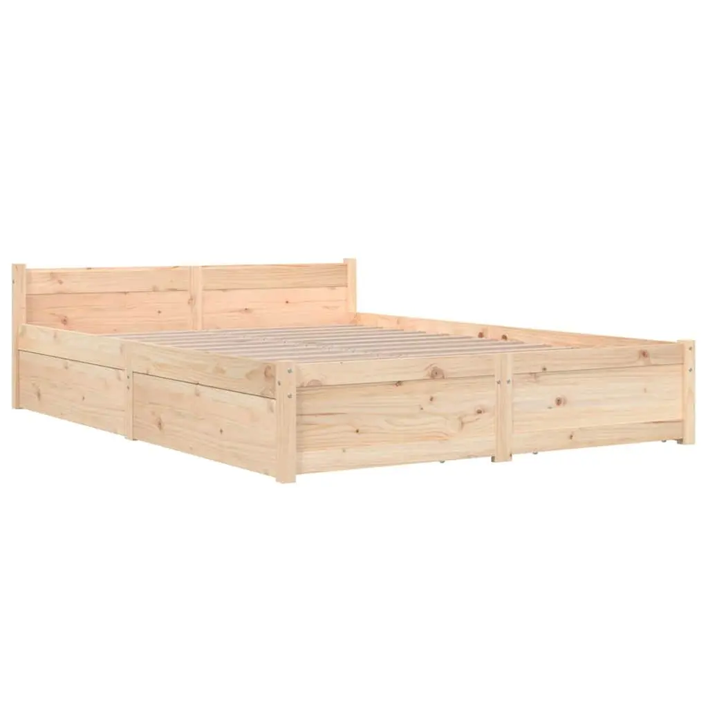 Wooden Bed Frame Brown 135x190cm Solid Pine with Storage Drawers