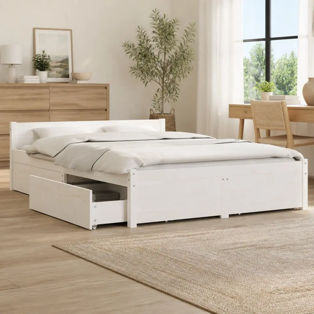Bed Frame White 150x200 cm Wooden with Storage Drawers