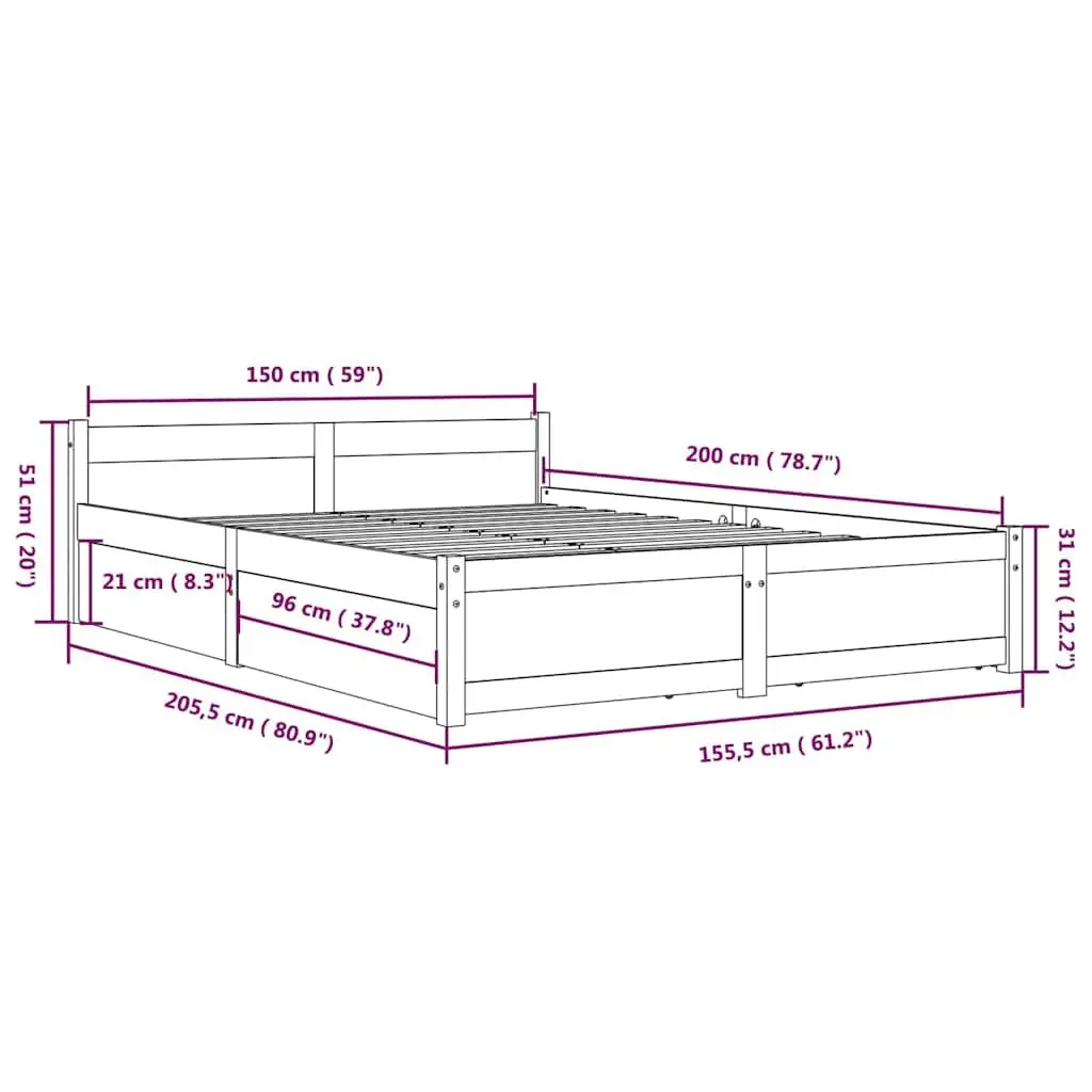 Bed Frame White 150x200 cm Wooden with Storage Drawers