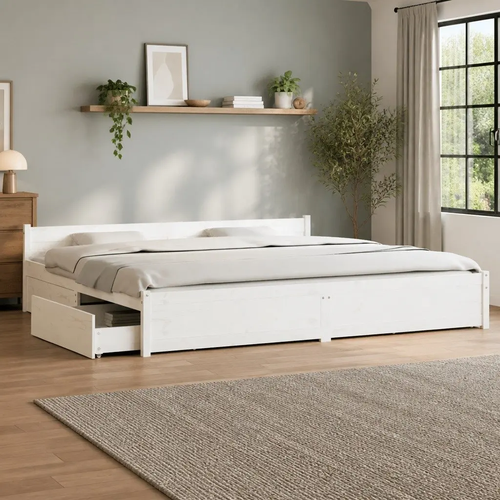 King Bed Frame White 183x203 cm Wooden with Storage Drawers