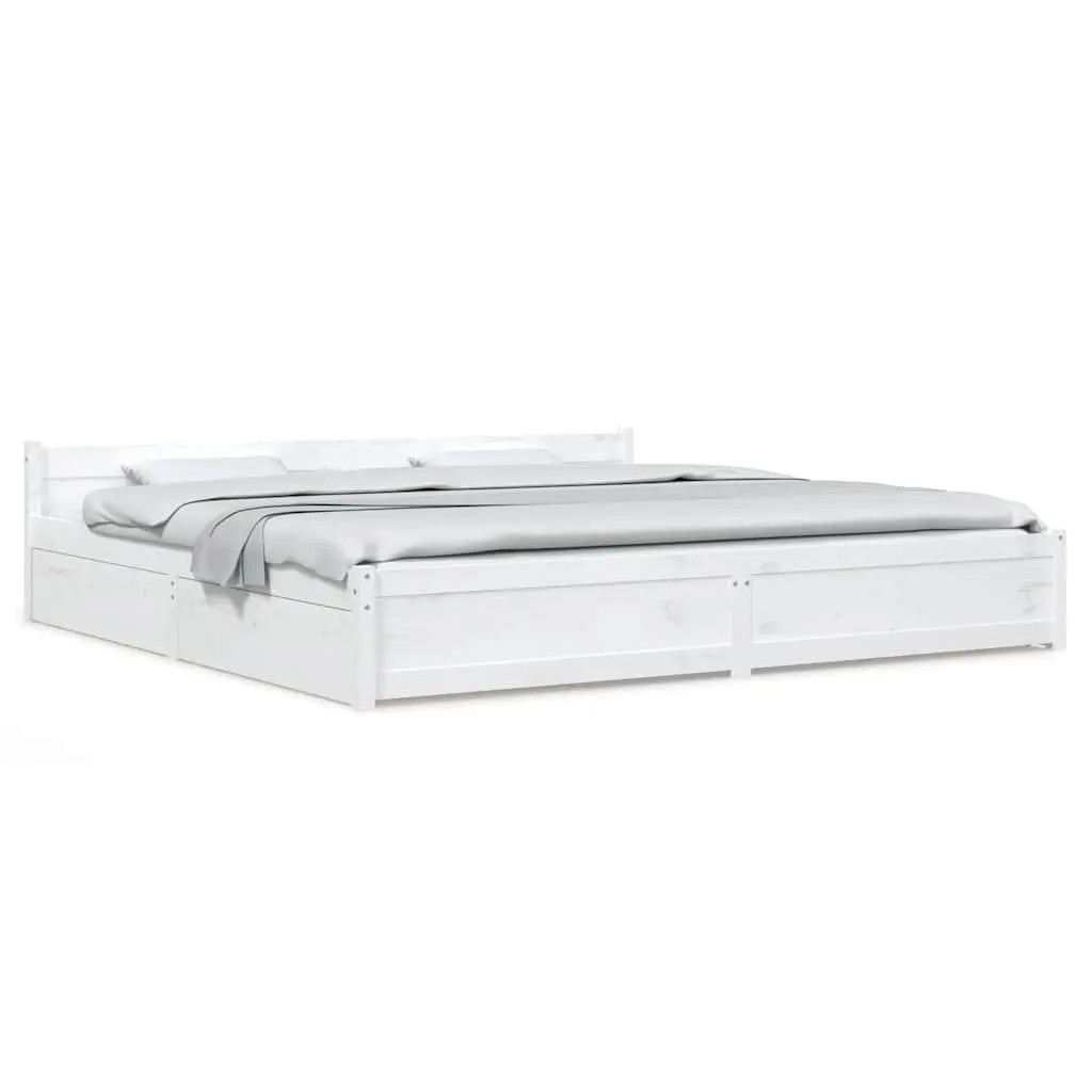 King Bed Frame White 183x203 cm Wooden with Storage Drawers