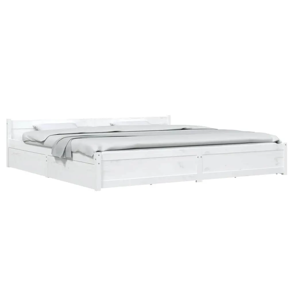 King Bed Frame White 183x203 cm Wooden with Storage Drawers