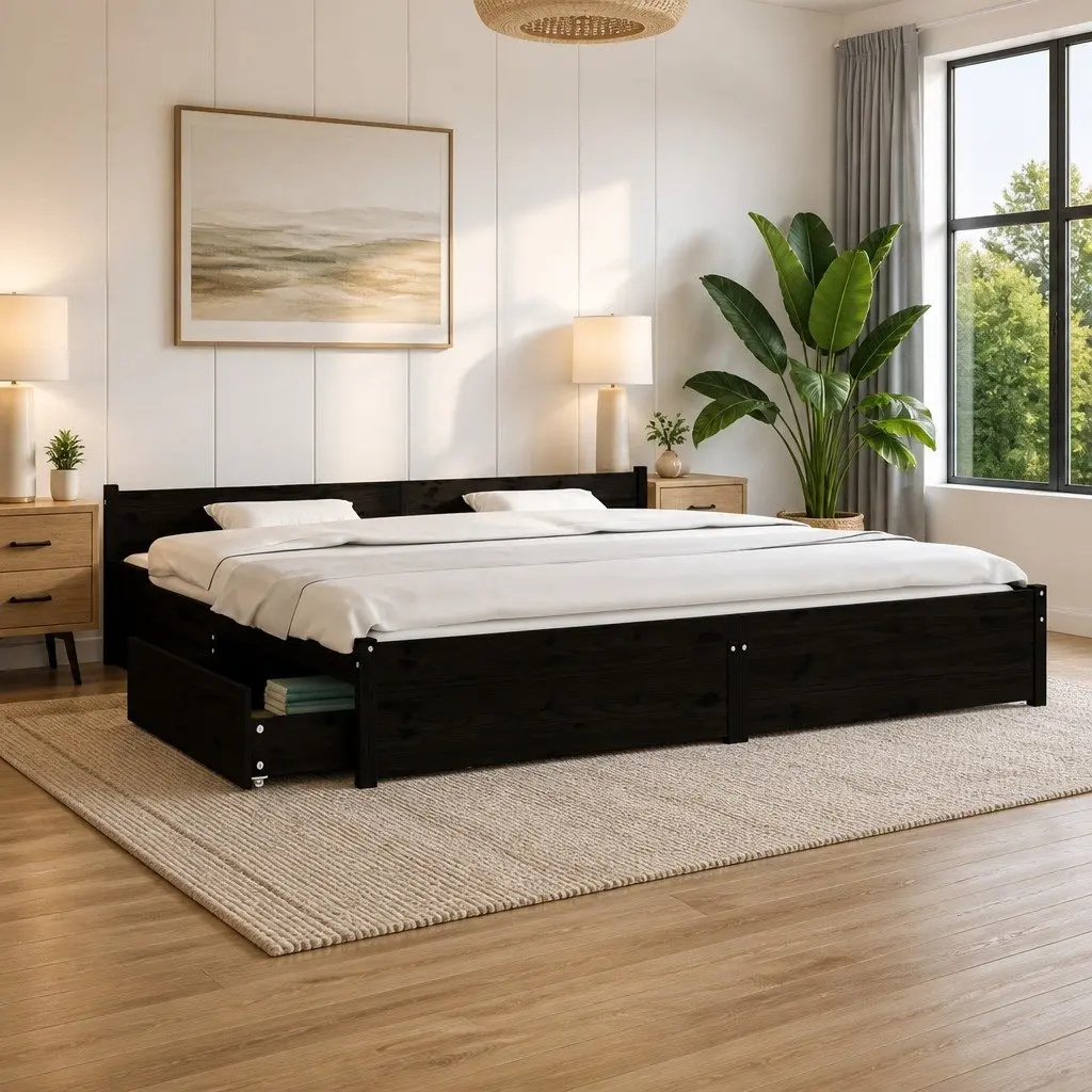 King Bed Frame Black 183x203 cm Solid Pine Wood with Storage Drawers