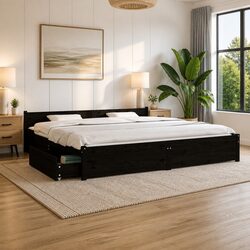King Bed Frame with Storage Drawers in Black 183x203 cm