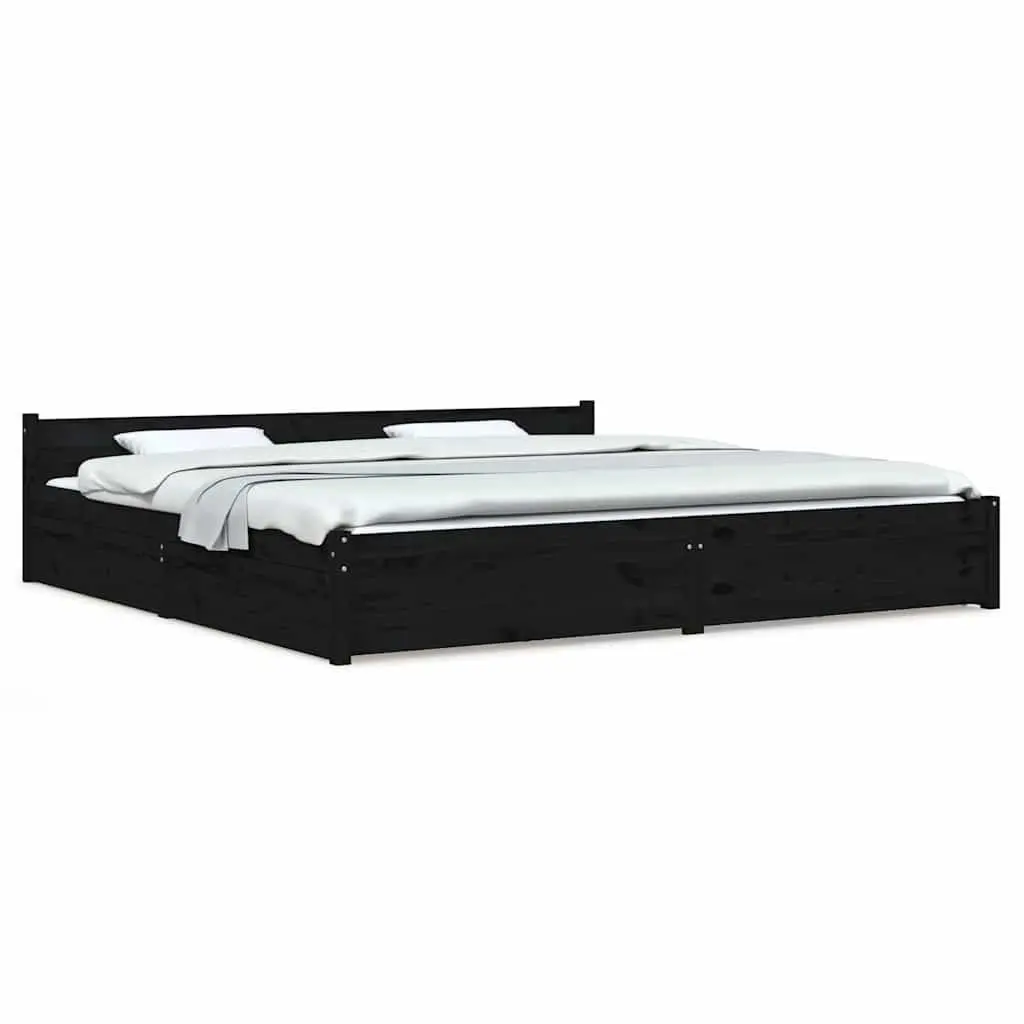 King Bed Frame Black 183x203 cm Solid Pine Wood with Storage Drawers