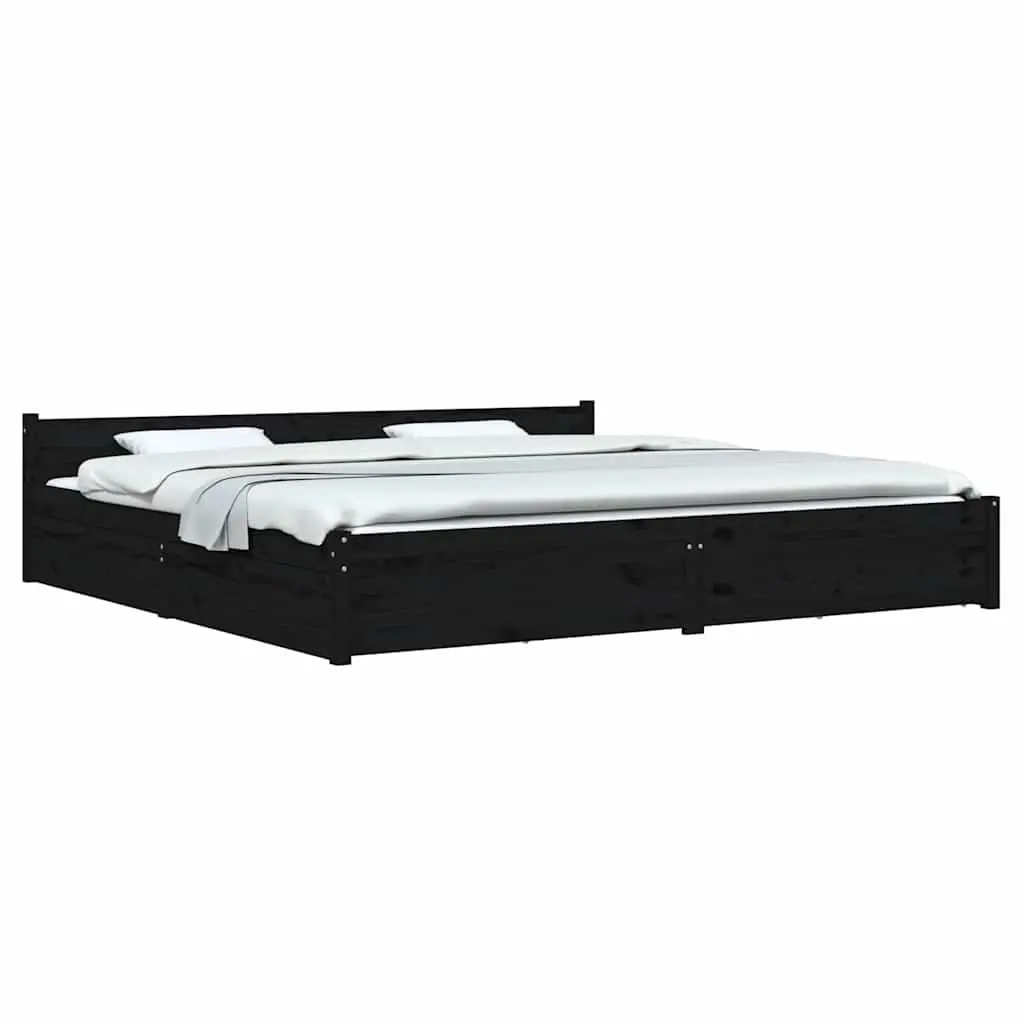 King Bed Frame Black 183x203 cm Solid Pine Wood with Storage Drawers