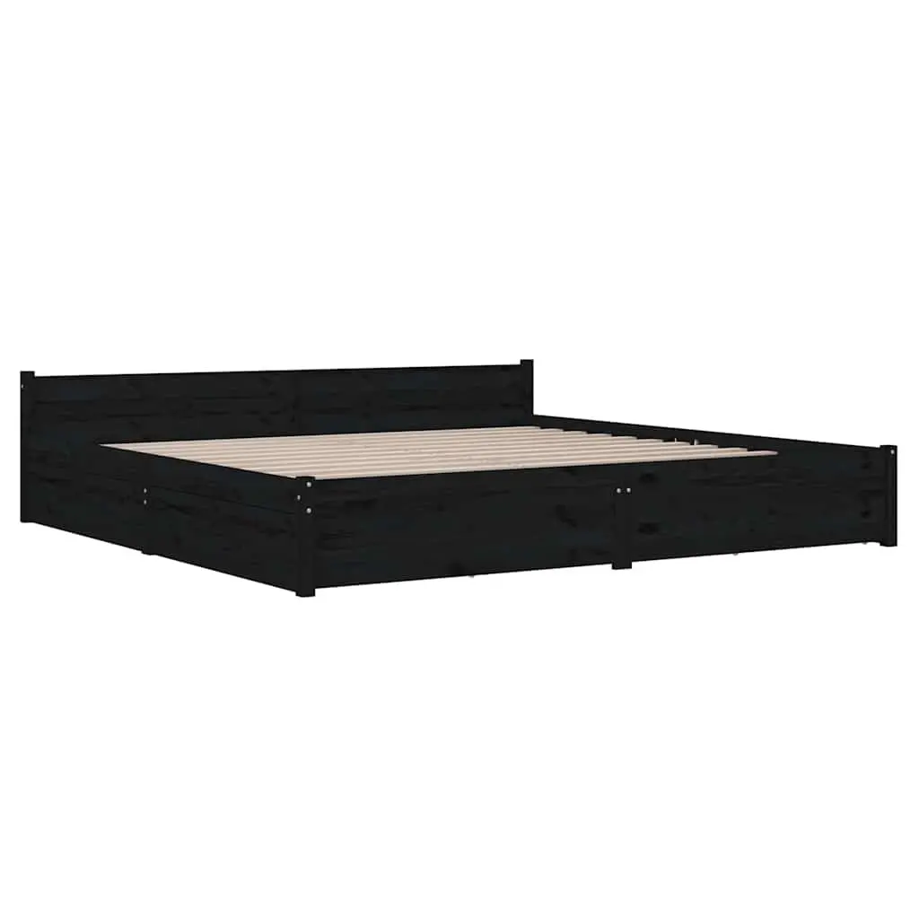 King Bed Frame Black 183x203 cm Solid Pine Wood with Storage Drawers