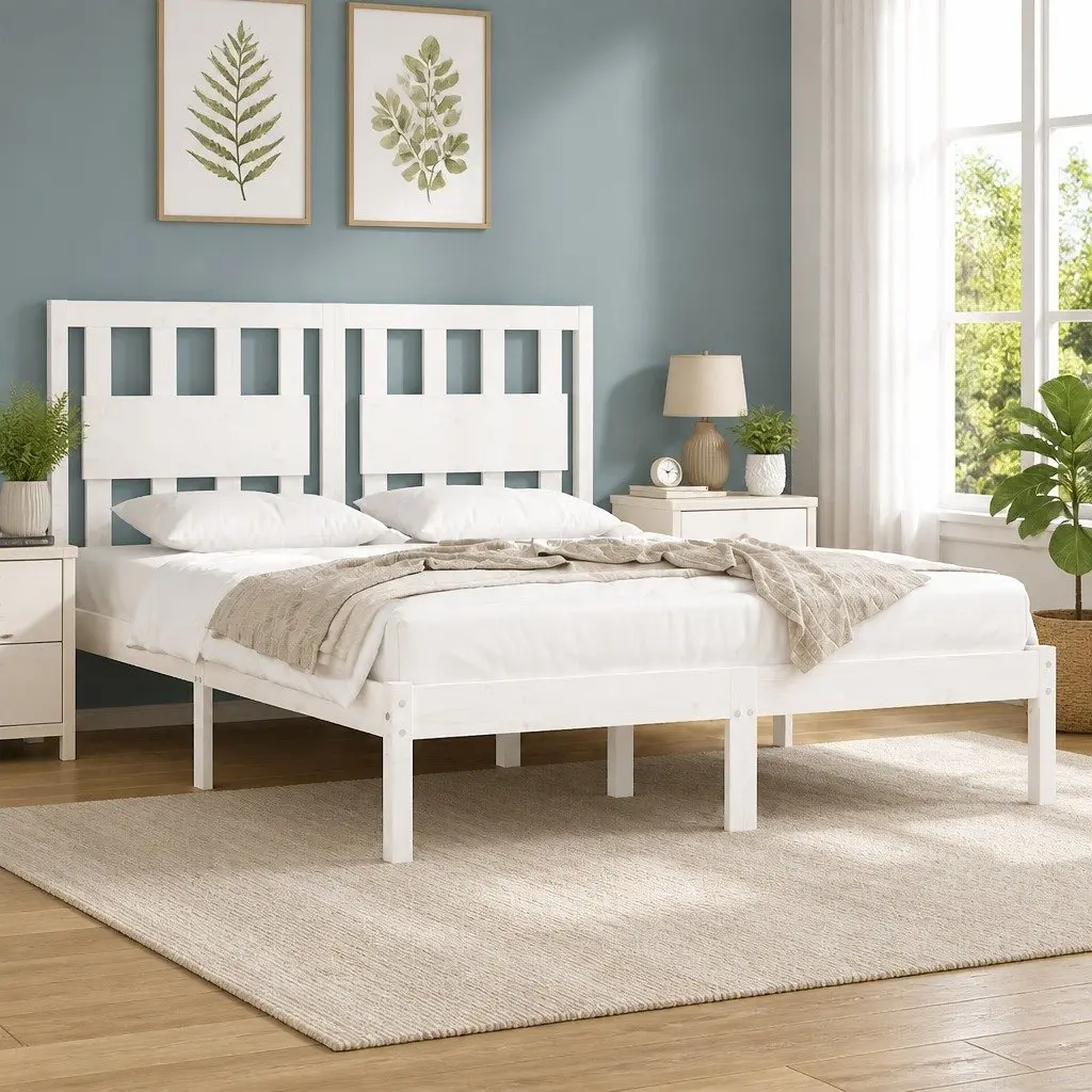 King Bed Frame 183x203 cm in White Solid Pine Wood