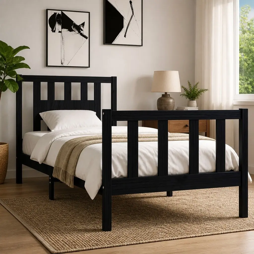 Black Solid Wood Bed Frame 90x190 cm with Headboard