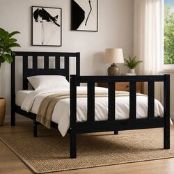 Black Solid Wood Bed Frame 90x190 cm with Headboard