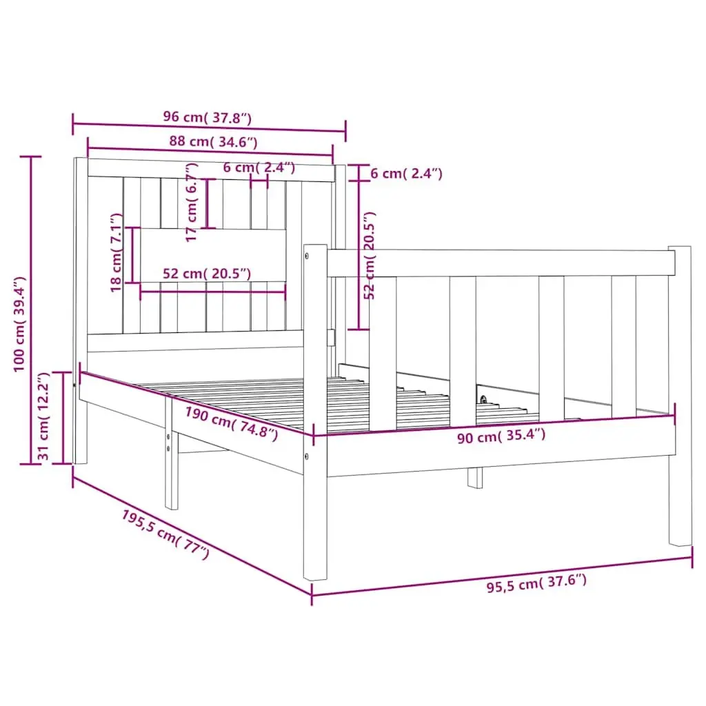 Black Solid Wood Bed Frame 90x190 cm with Headboard