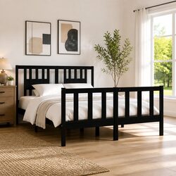 Black Solid Wood Bed Frame 135x190 cm with Headboard