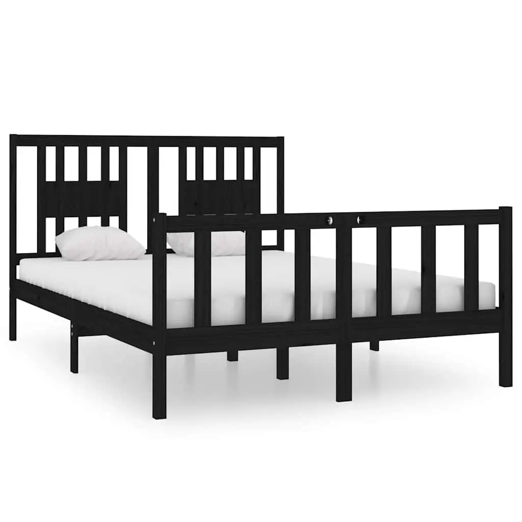 Black Solid Wood Bed Frame 135x190 cm with Headboard