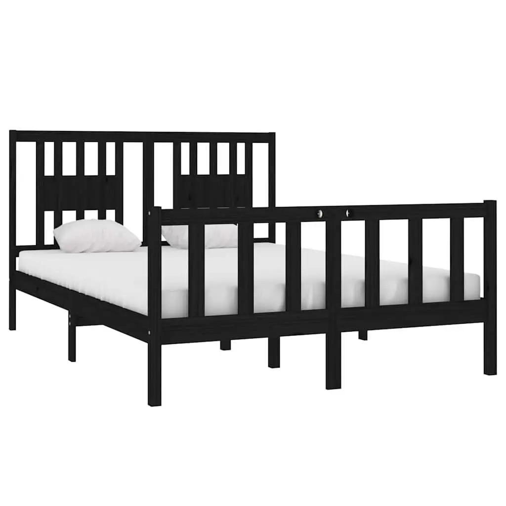 Black Solid Wood Bed Frame 135x190 cm with Headboard